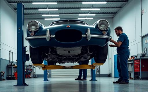 A classic car being thoroughly inspected on a lift in a clean workshop.