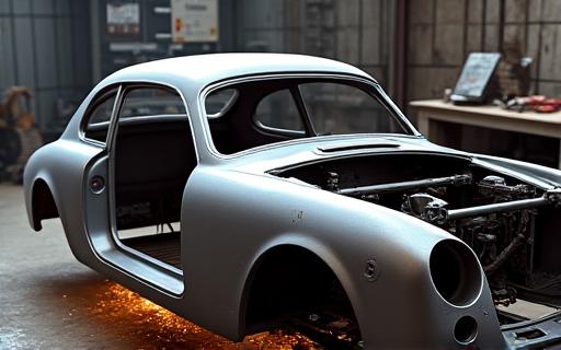 The bare metal frame of a car during the bodywork phase.
