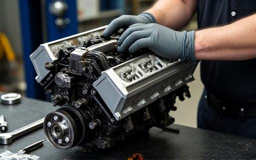 A mechanic meticulously reassembling a vintage V8 engine block.