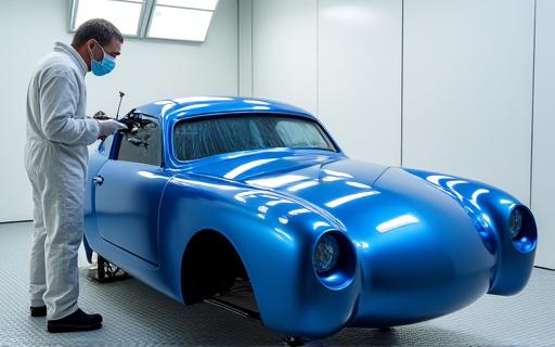 A car body being expertly painted in a professional spray booth.