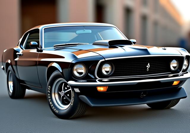 A restored 1969 Ford Mustang Mach 1 with a glossy black finish.